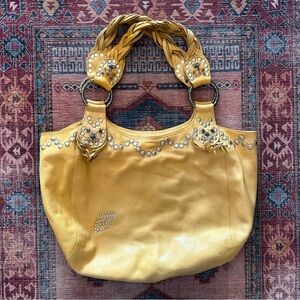 Betsey Johnson Feather Fringe Leather Satchel Purse Yellow Camel Tan